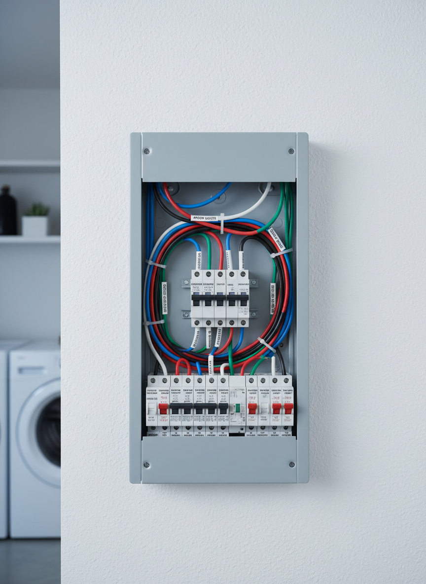 A detailed close-up of an open residential electrical panel mounted on a white wall, with meticulously organized, color-coded cables and clearly labeled circuit breakers. The metal panel housing has a matte light-gray finish, with clean edges and no visible dust or wear. Soft, cool studio lighting from above and the left side creates subtle highlights on the plastic breaker switches and gentle shadows within the box, emphasizing order and safety. The background is softly blurred, suggesting a tidy utility room. Shot straight-on with moderate depth of field to keep the panel in sharp focus, the photographic realism and clean, technical aesthetic communicate professionalism, precision, and trustworthy electrical maintenance services.