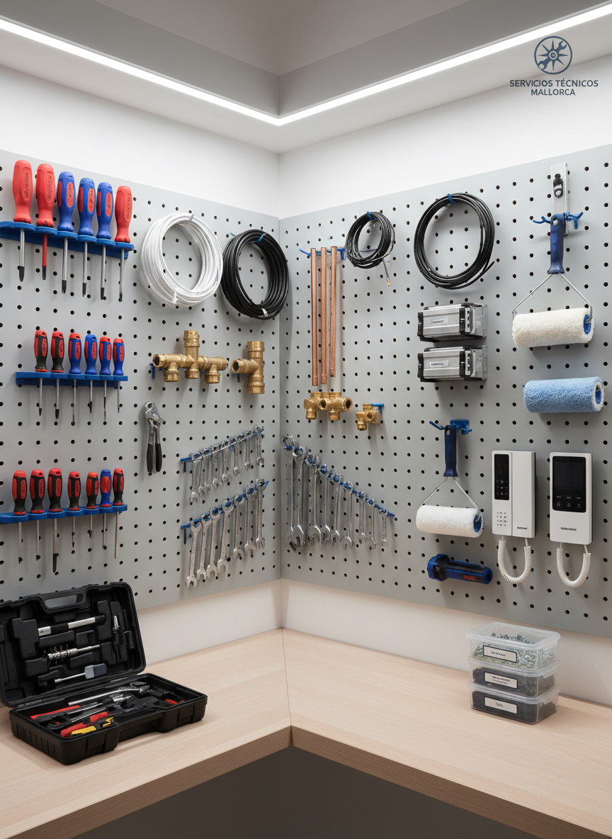 A clean, well-organized technical workshop corner showcasing multiple home maintenance tools neatly arranged on a light gray pegboard wall. Bright red and blue insulated screwdrivers, coiled electrical cables, copper plumbing pipes, precision wrenches, antenna components, roller shutter mechanisms, paint rollers, and intercom panels are all clearly visible, each with distinct textures and finishes. Below, a smooth wooden workbench holds an open toolbox and labeled containers with small parts. The scene is lit by soft, even studio lighting that minimizes harsh shadows, creating a professional, trustworthy atmosphere. Shot at eye level with sharp focus throughout, the photographic realism emphasizes order, reliability, and versatility in technical services, with a clean, modern aesthetic suitable for a professional service company in Mallorca.