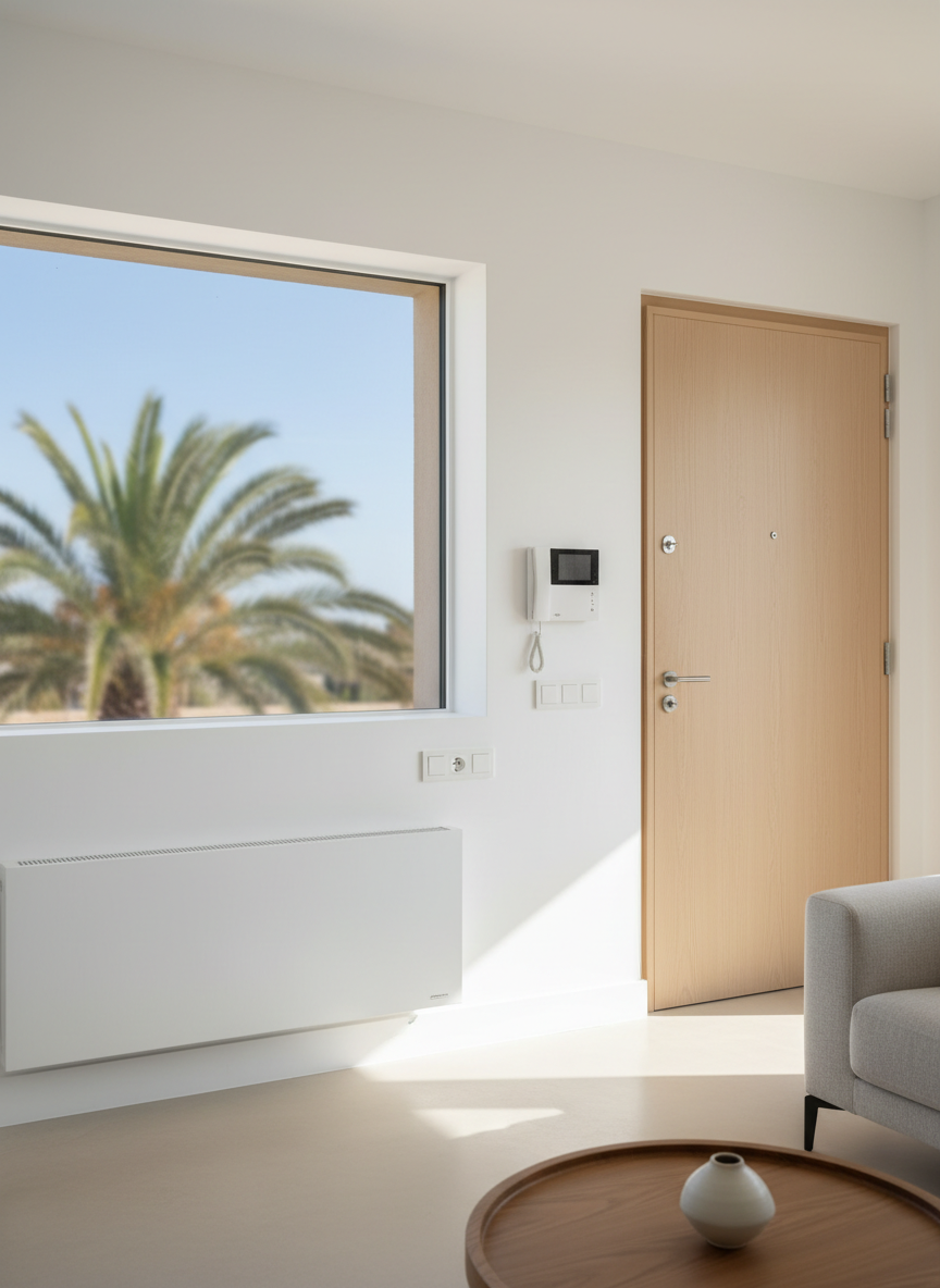 A bright, modern Mediterranean living room interior in Mallorca with visible examples of recent technical work: freshly painted white walls with crisp edges, a new sleek white radiator, perfectly aligned electrical outlets and switches, and a discreet wall-mounted intercom next to the entrance door. A large window reveals a soft hint of palm trees and blue sky outside, slightly blurred. Warm midday sunlight floods the room, creating gentle, natural shadows along the baseboards and door frames. The composition uses a wide-angle, eye-level view with sharp detail on the finishes, conveying cleanliness, reliability, and precision. Photographic realism and a minimalist, uncluttered style reinforce a professional, high-quality home maintenance service feel.