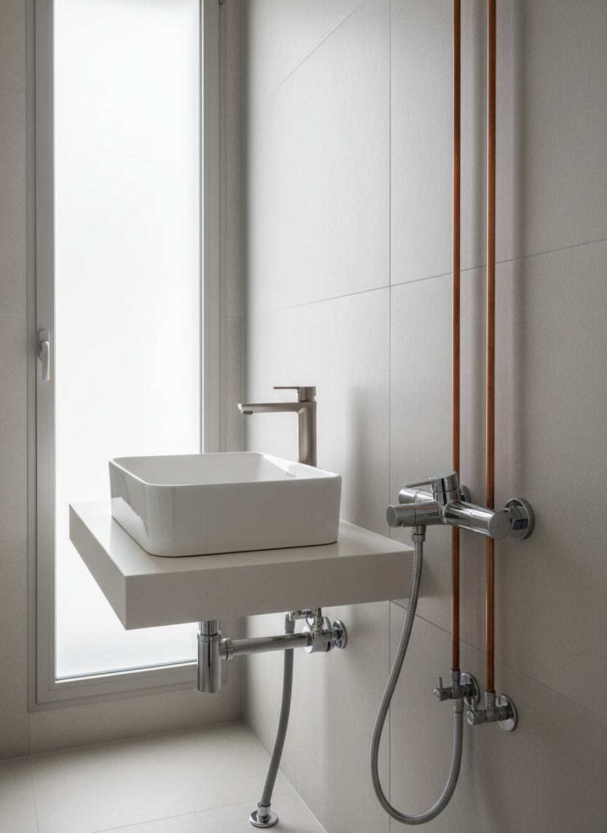 A pristine, modern bathroom in Mallorca with a strong focus on professional plumbing installation: a glossy white ceramic sink with a brushed stainless steel mixer tap, perfectly aligned chrome pipes under the basin, and a recently installed flexible drain hose connecting to the wall. Nearby, a polished chrome shower valve and straight copper pipes run vertically with precise spacing. The room is illuminated by diffused natural daylight from a frosted window, casting soft reflections on the metal surfaces and gentle shadows on the tiled wall. Captured at a slightly elevated angle with sharp focus throughout, the photographic realism, clean lines, and neutral color palette project reliability, meticulous work, and high-quality plumbing service.